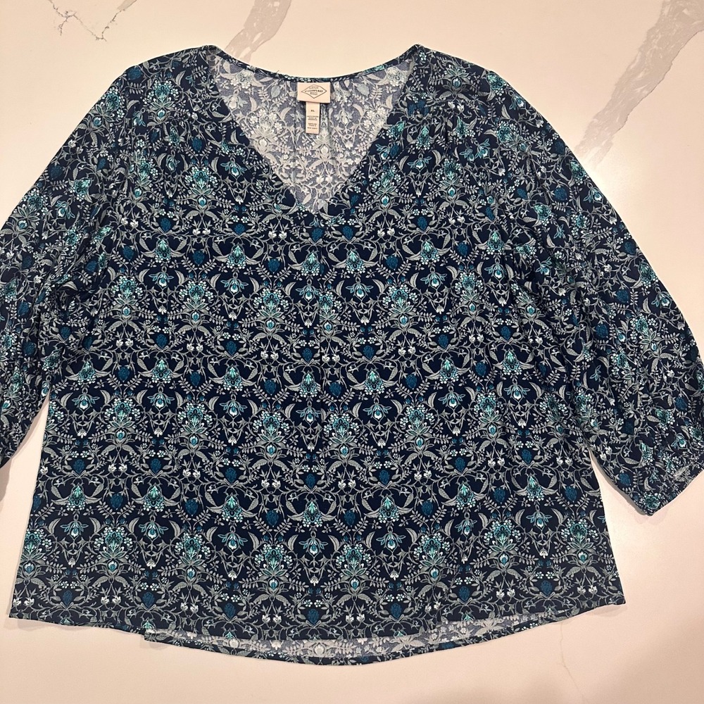 St Johns Bay Womens XL Blue Floral V-Neck 3/4 Sleeve Rayon Blouse Top
